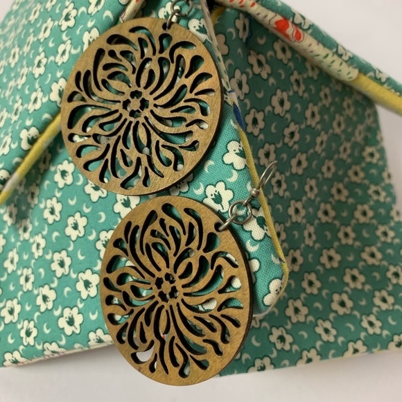 Handmade Round Wooden Intricately Carved BoHo Floral Earrings Silver Wire - Picture 4 of 7